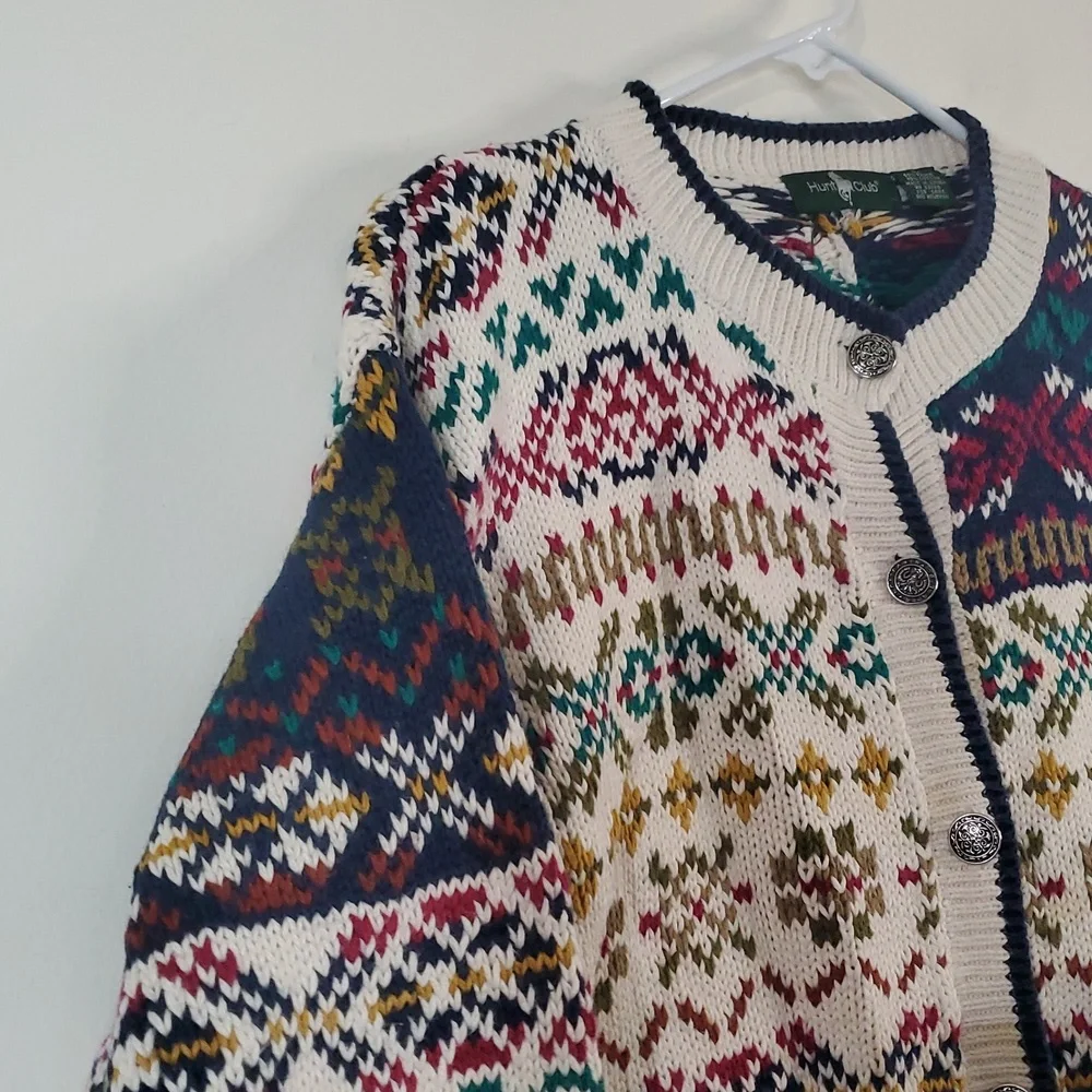 Vintage Hunt Club Womens Heavy Knit Mixed Print Grandpa Sweater Size Lg Cotton - Picture 5 of 14